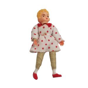 Vintage Dollhouse Doll German Caco Miniature Girl Polka Dot Dress Red White